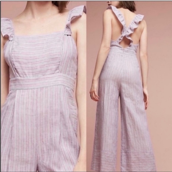 Anthropologie Elevenses Nantucket gray pink striped linen ruffle jumpsuit size 4 - Picture 2 of 7